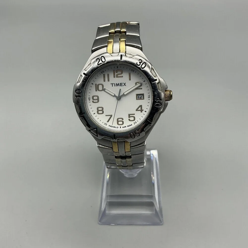 Timex Indiglo Mens Watch 39mm White Dial Two Tone Date New Battery 7.25